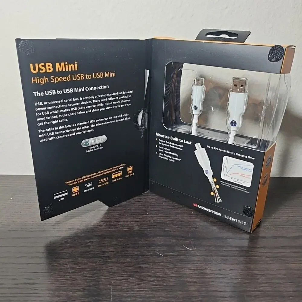 2 Monster USB to USB Mini Cable White Fast Charging 6 inches / .5 Ft